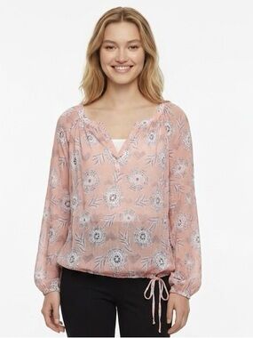 Lucky Brand Peach Floral Print Long-Sleeve Blouse